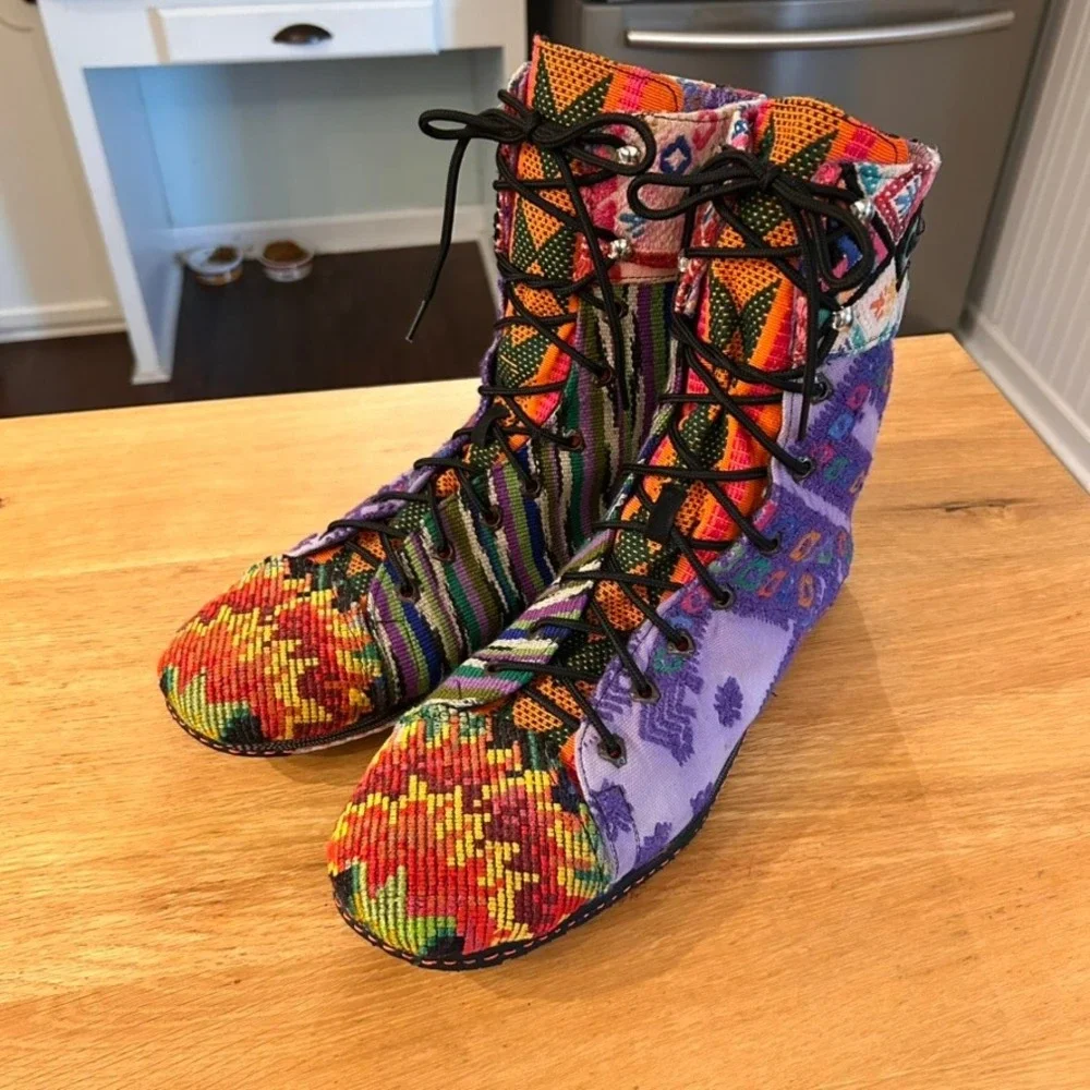 Handmade Guatemalan Huipil Boots Mens 11.5 45 Multi Color Woven Textile Lace Up